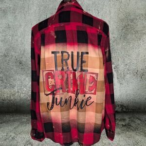 True Crime Junkie Bleached Flannel Shirt, Horror Gift, Size Medium